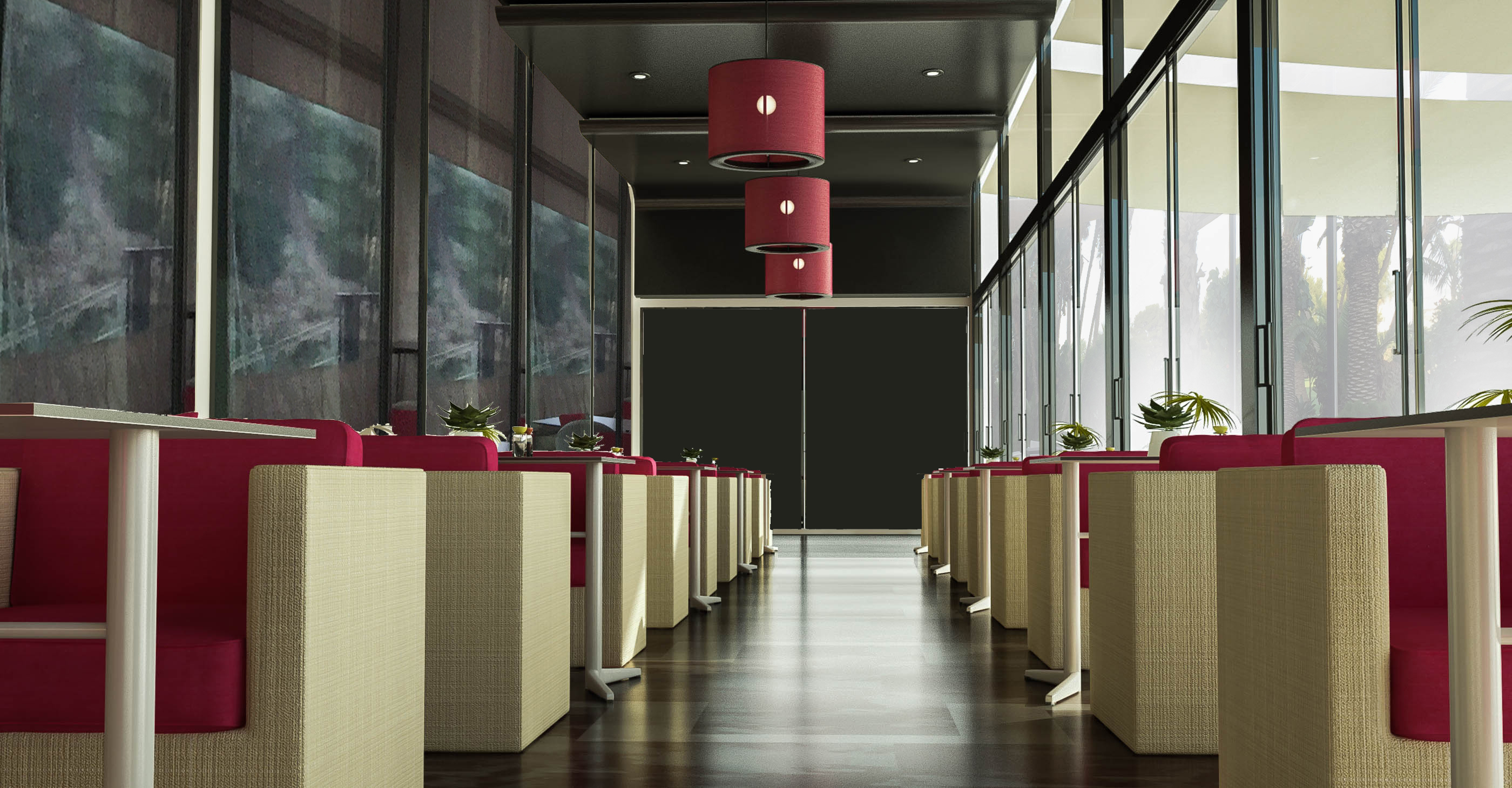 Interior rendering of a Sofitel terrace restaurant with red booth seating, drum pendants, and glass opening onto palms
