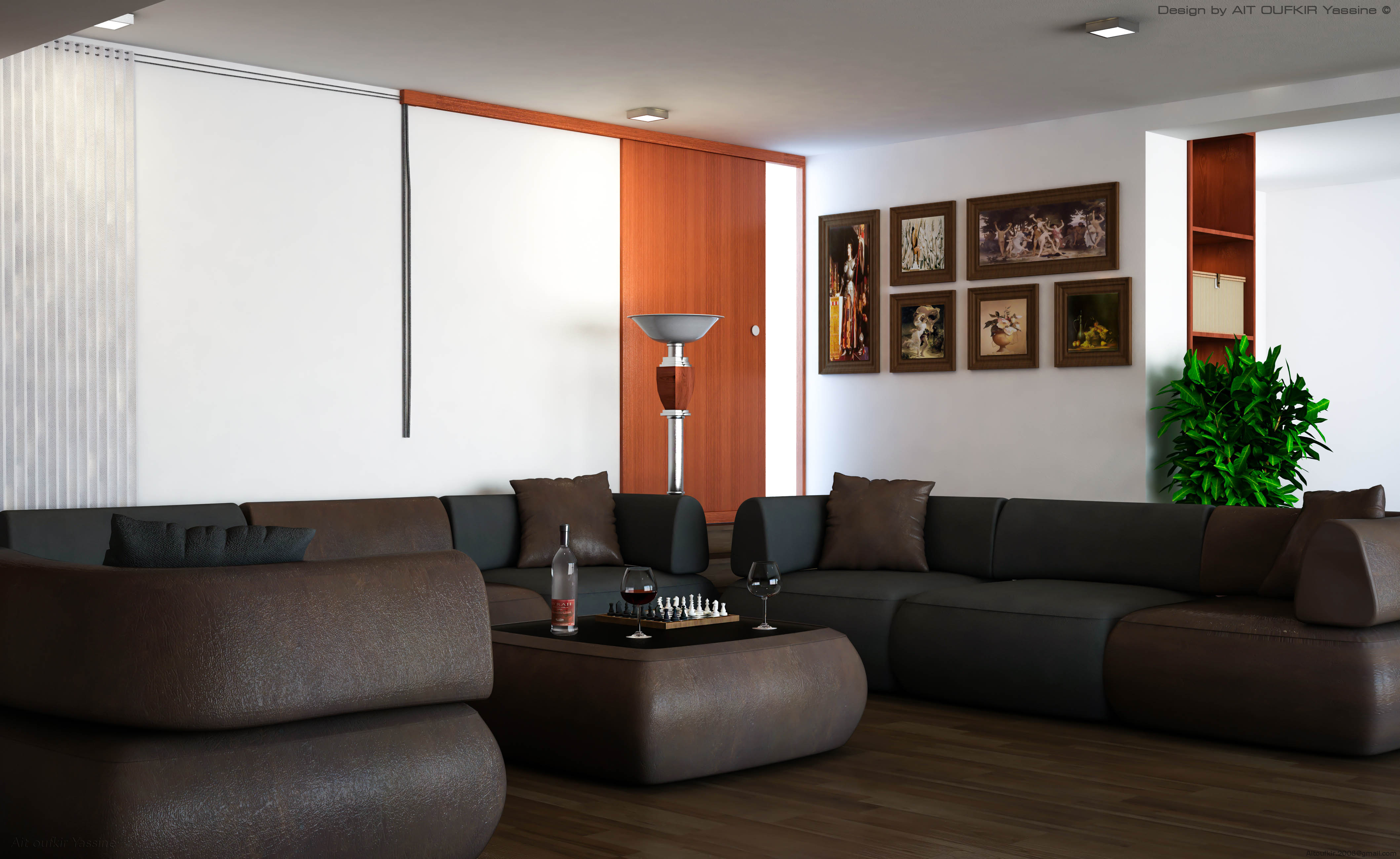 Interior rendering of a villa living room with a modular sofa, chessboard coffee table, and warm wood doors