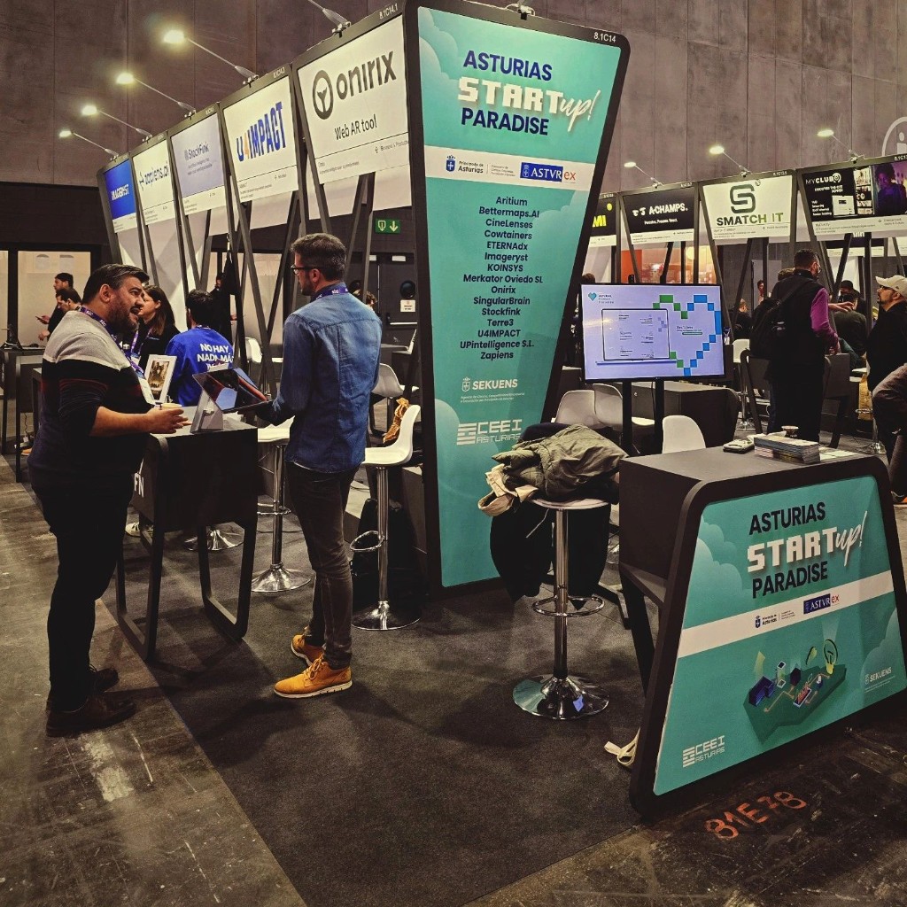 Asturias Startup Paradise pavilion at MWC 2024, with ASTUREX, CEEI Asturias and SEKUENS branding