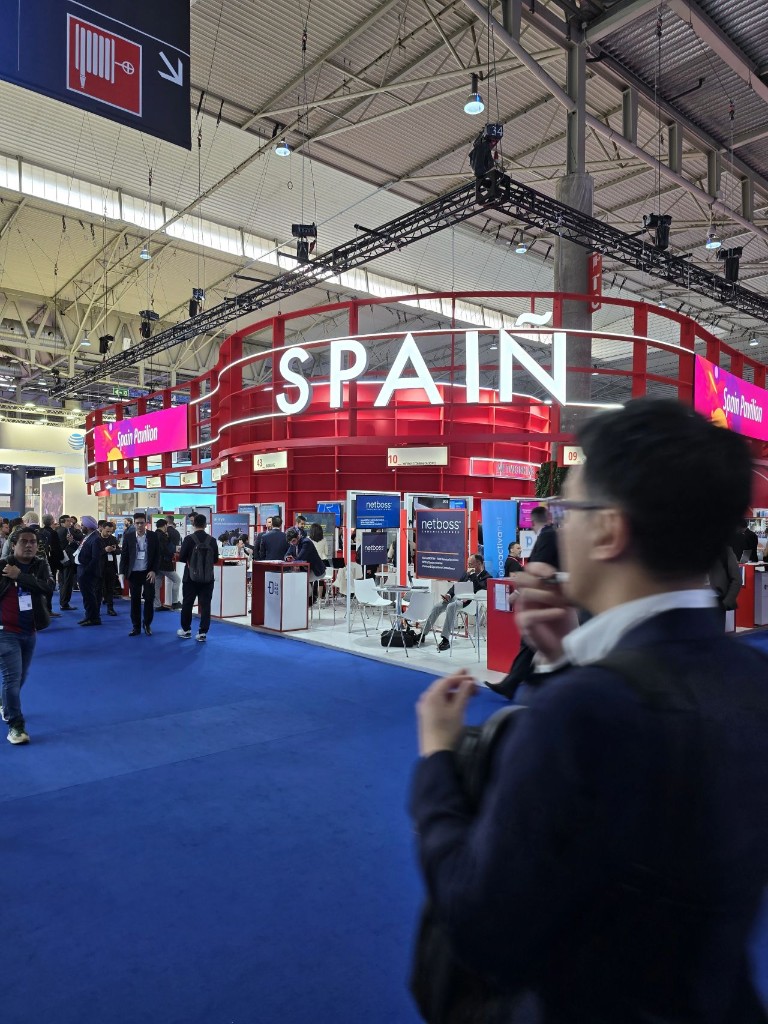 Spain Pavilion at Mobile World Congress 2024 in Barcelona, viewed from above the hall