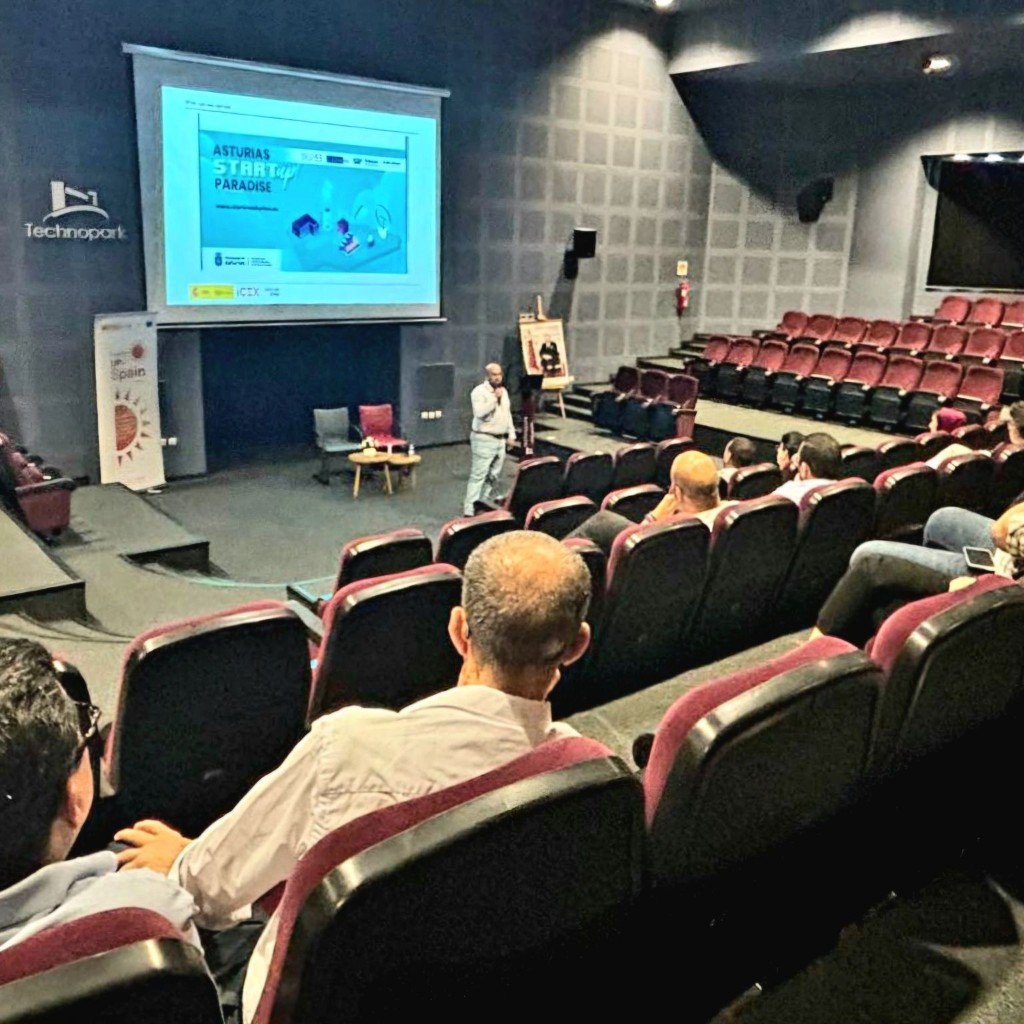 Auditorium at Technopark Tangier during the Rising UP in Spain talk, with Asturias Startup Paradise on the projection screen
