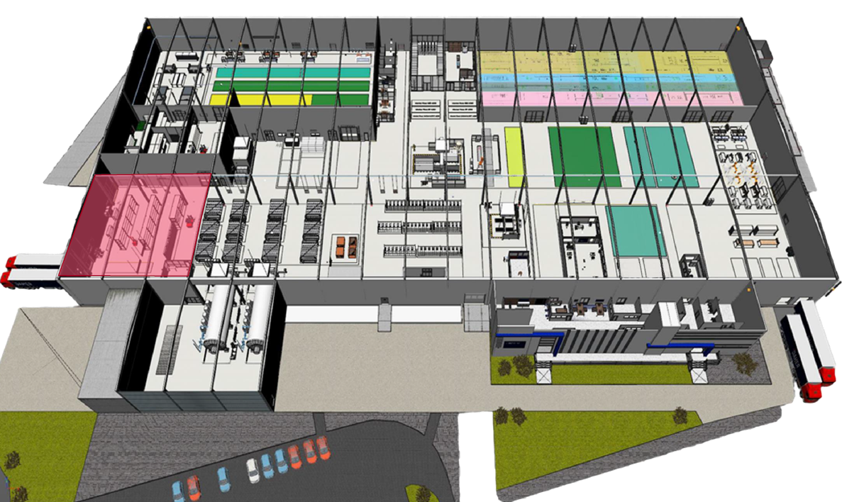 3D simulation of the 12,000 m² composite manufacturing plant designed for Daher Aerospace