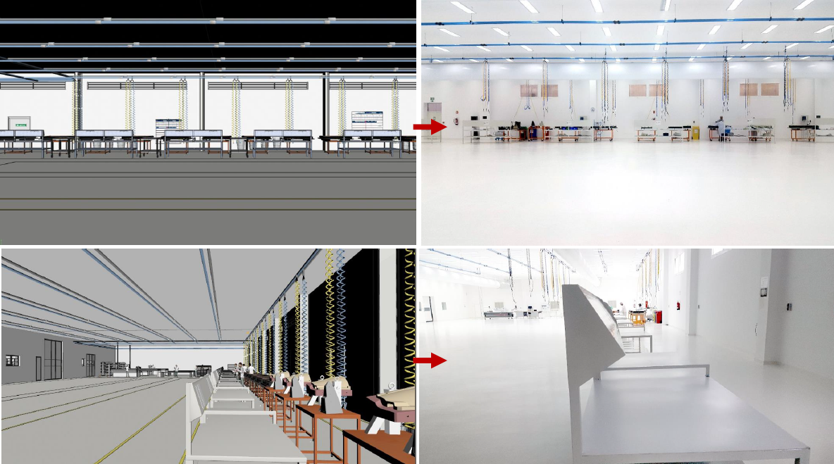 Side-by-side comparison of the 3D factory simulation and the finished clean-room assembly lines